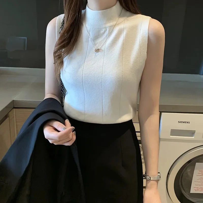 Women's Slim Vest Top Acrylic Board Stand Collar T-shirt