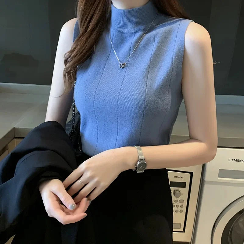 Women's Slim Vest Top Acrylic Board Stand Collar T-shirt