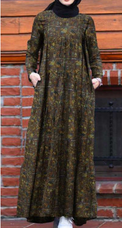 Cotton And Linen Printed Loose Waist Brown Dress