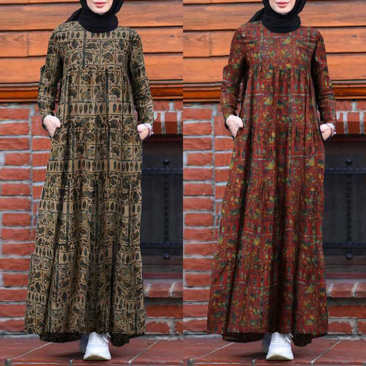 Cotton And Linen Printed Loose Waist Brown Dress