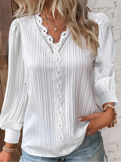 Women's Lace Stitching Loose V-neck Long Sleeve Shirt