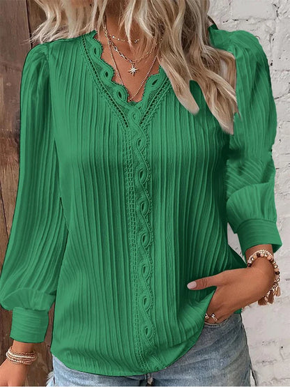 Women's Lace Stitching Loose V-neck Long Sleeve Shirt