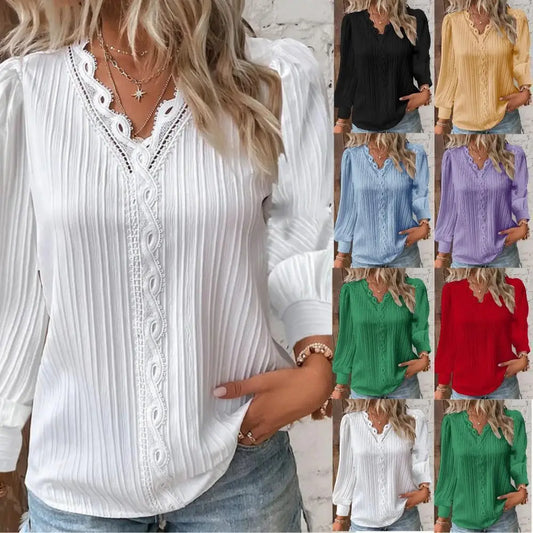Women's Lace Stitching Loose V-neck Long Sleeve Shirt