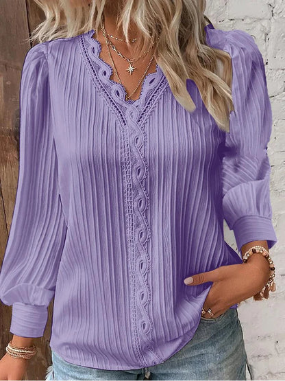 Women's Lace Stitching Loose V-neck Long Sleeve Shirt