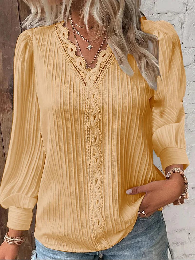 Women's Lace Stitching Loose V-neck Long Sleeve Shirt