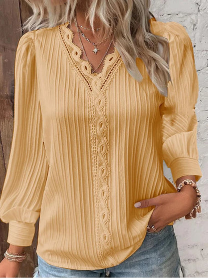 Women's Lace Stitching Loose V-neck Long Sleeve Shirt