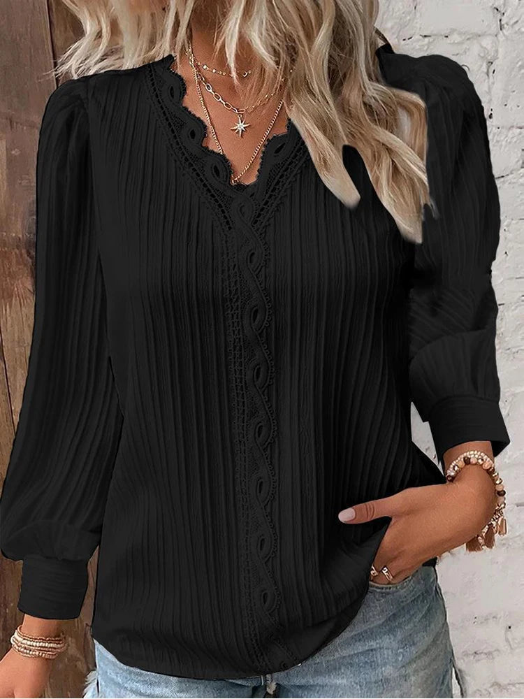Women's Lace Stitching Loose V-neck Long Sleeve Shirt