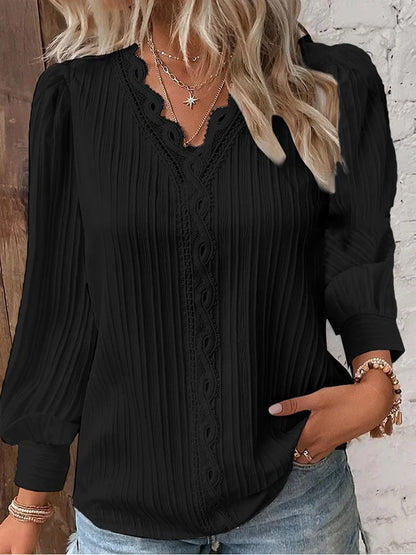 Women's Lace Stitching Loose V-neck Long Sleeve Shirt