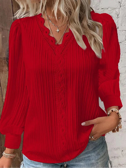 Women's Lace Stitching Loose V-neck Long Sleeve Shirt