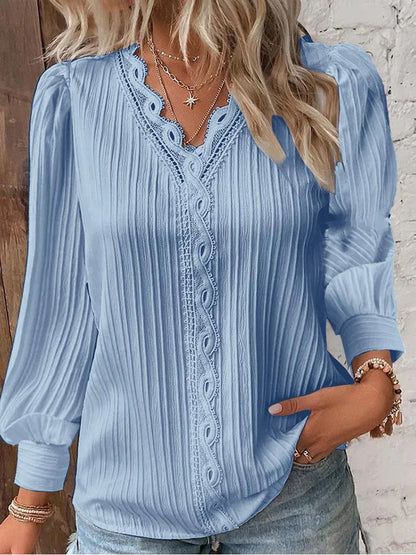 Women's Lace Stitching Loose V-neck Long Sleeve Shirt
