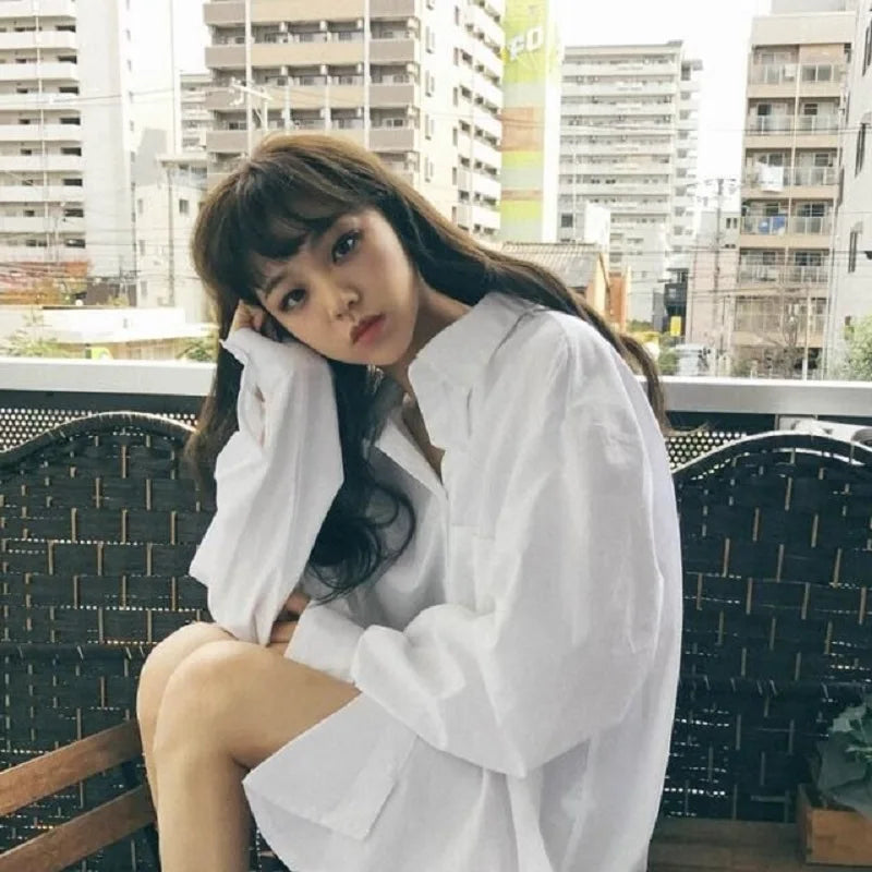 Women's White Basic Shirt Long Sleeve Button Up Loose Tunic Blouse