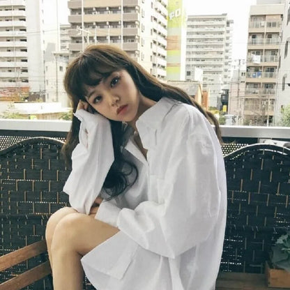 Women's White Basic Shirt Long Sleeve Button Up Loose Tunic Blouse