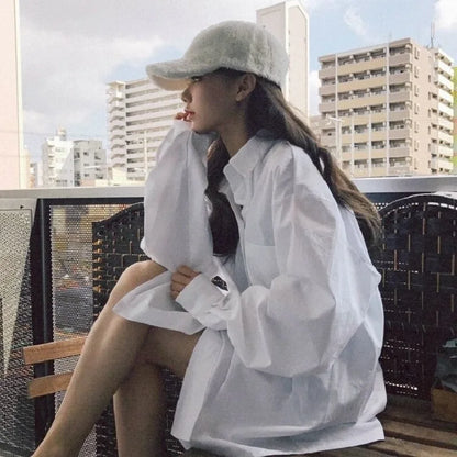 Women's White Basic Shirt Long Sleeve Button Up Loose Tunic Blouse