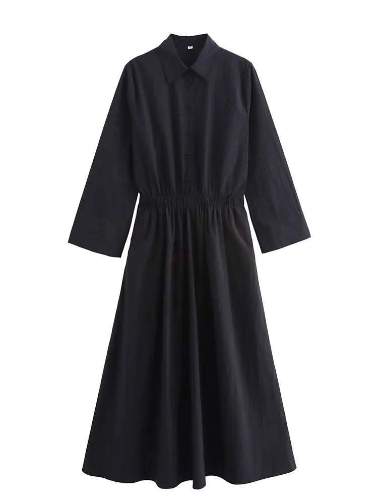 2025 New Women's  Long Shirt Style Side Pocket Midi Dress