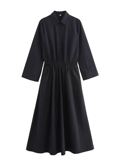 2025 New Women's  Long Shirt Style Side Pocket Midi Dress