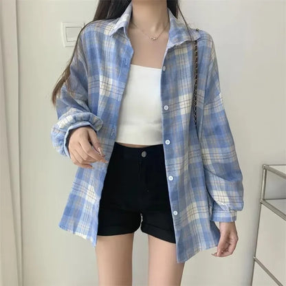 Ladies Preppy Style Loose Check Shirts