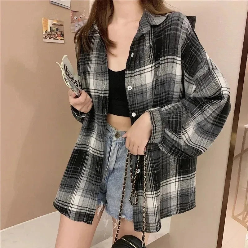 Ladies Preppy Style Loose Check Shirts