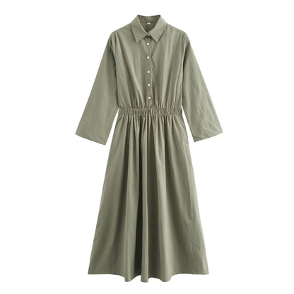 2025 New Women's  Long Shirt Style Side Pocket Midi Dress