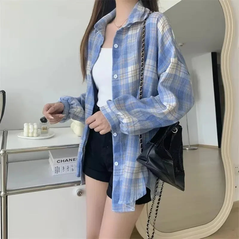 Ladies Preppy Style Loose Check Shirts