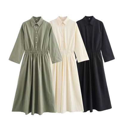 2025 New Women's  Long Shirt Style Side Pocket Midi Dress