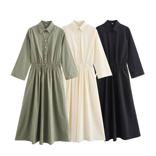2025 New Women's  Long Shirt Style Side Pocket Midi Dress