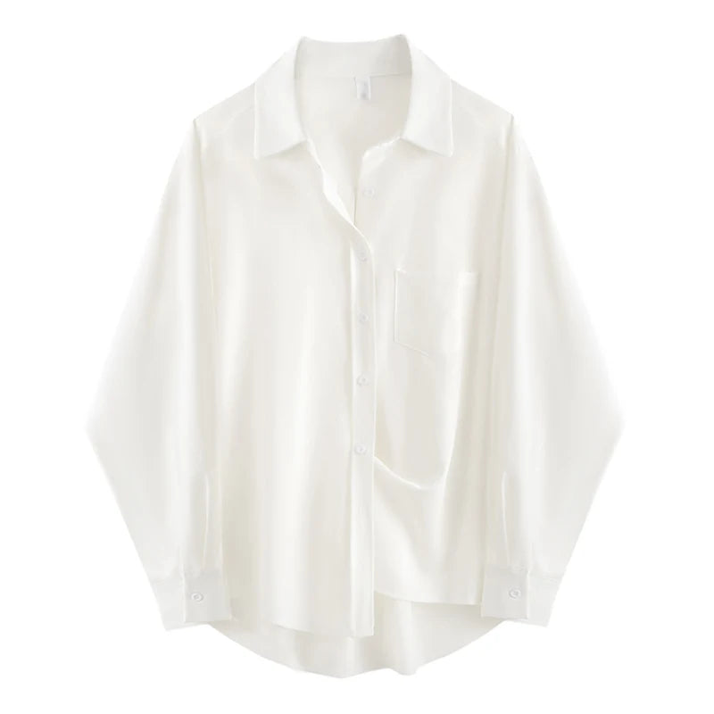 Women's White Basic Shirt Long Sleeve Button Up Loose Tunic Blouse
