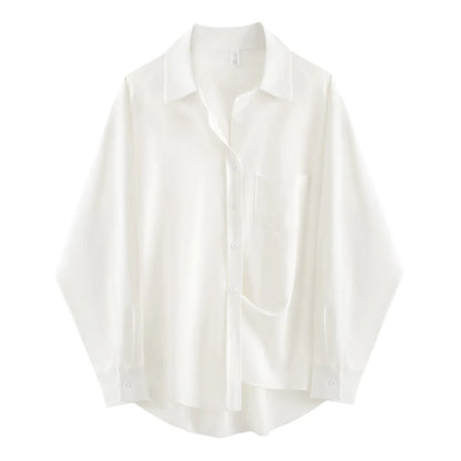 Women's White Basic Shirt Long Sleeve Button Up Loose Tunic Blouse