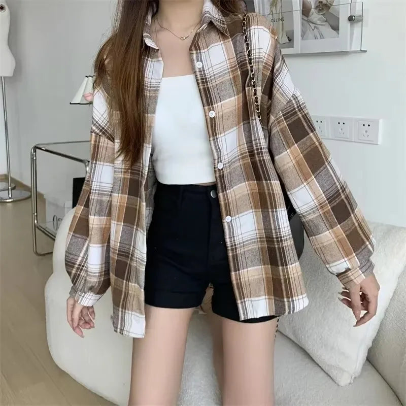 Ladies Preppy Style Loose Check Shirts