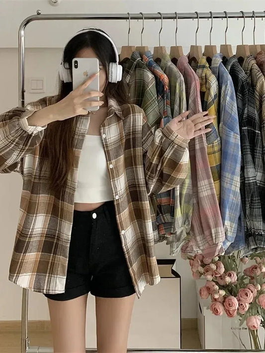 Ladies Preppy Style Loose Check Shirts