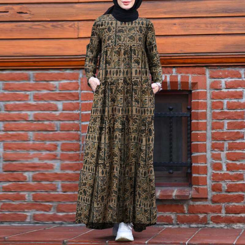 Cotton And Linen Printed Loose Waist Brown Dress